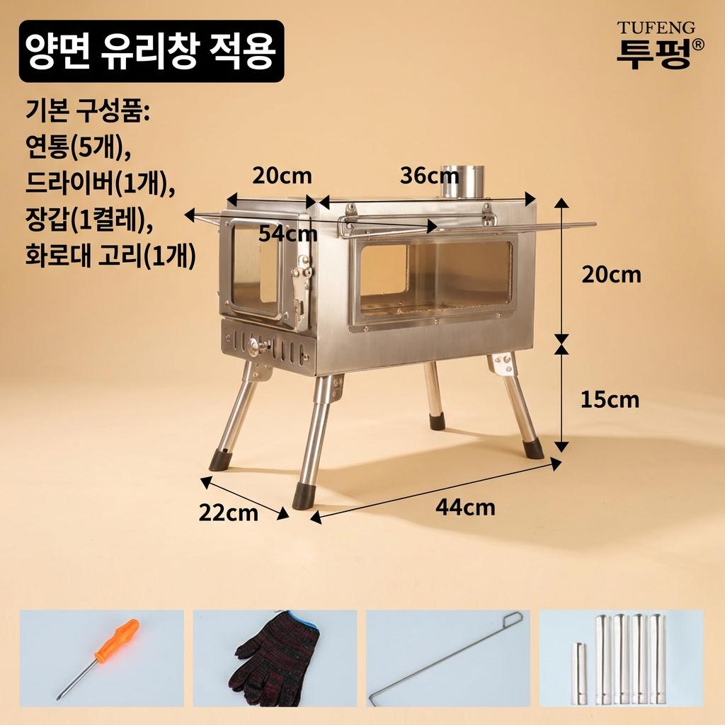 프리미엄 캠핑 화목 난로 스테인리스 접이식 미니 화로대 내열 유리창 포함 258,200원