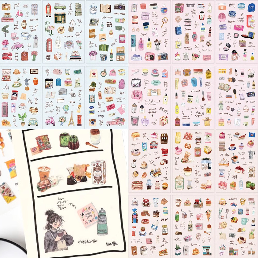 18매 감성 가득 일러스트 레트로 방수 다꾸 여행 일상 음식 스티커, 18매 9,500원