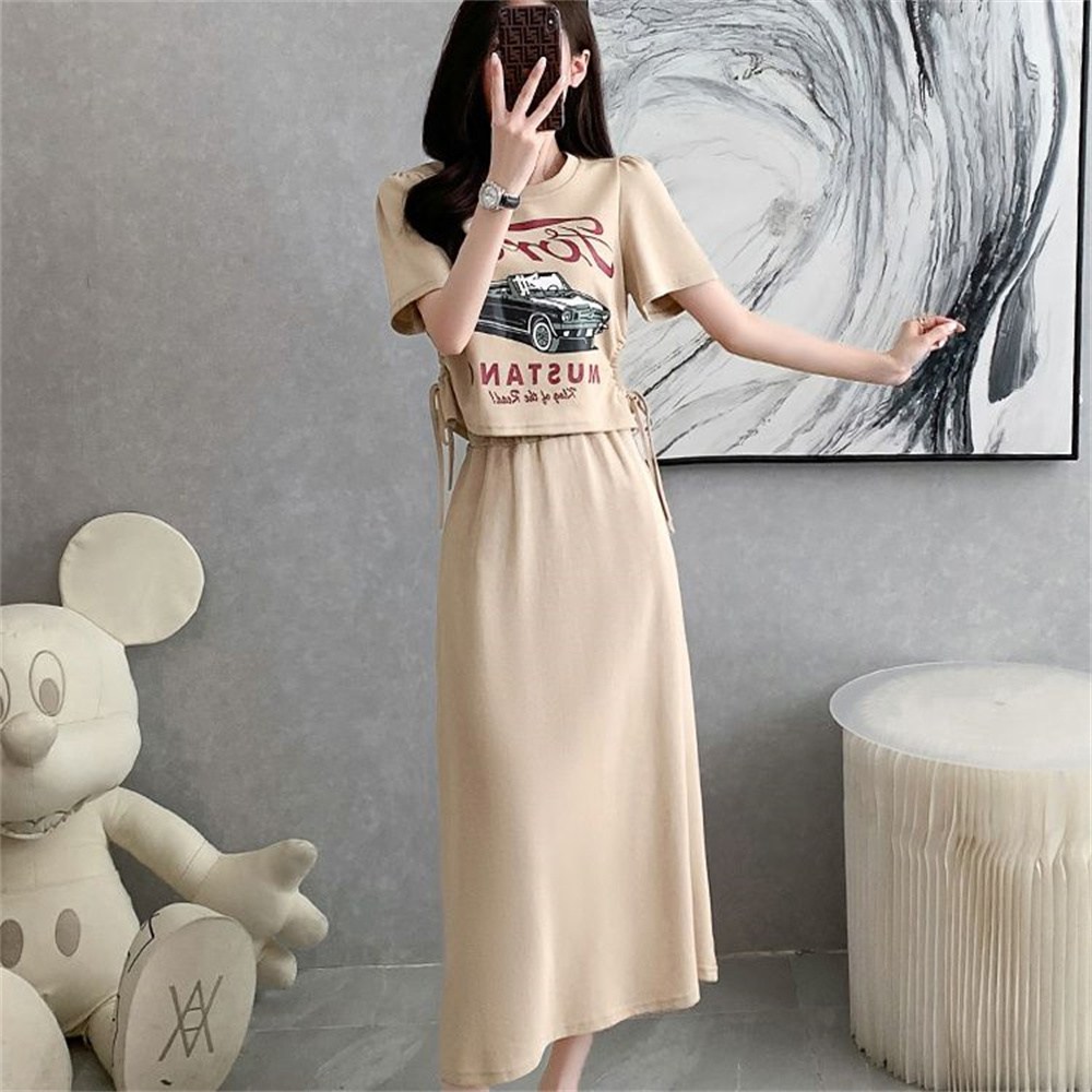 besteffie 여성 여름 캐주얼 투피스 세트 반팔 티셔츠 롱스커트 레터링 프린트 하이웨이스트 K85 27,450원