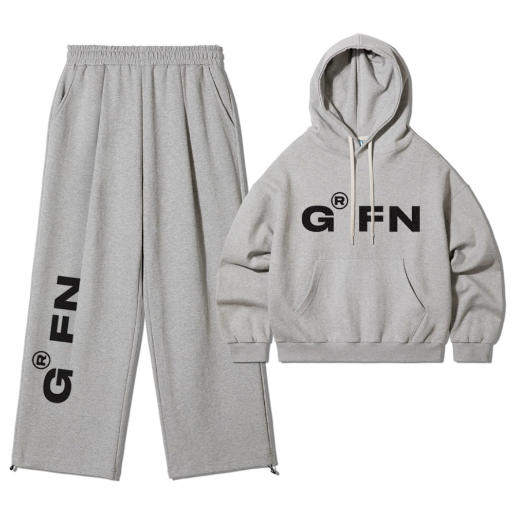 오버핏 기모 볼드 로고 후디 + 원턱 스트링 트레이닝 팬츠 셋업- 멜란지 90,000원