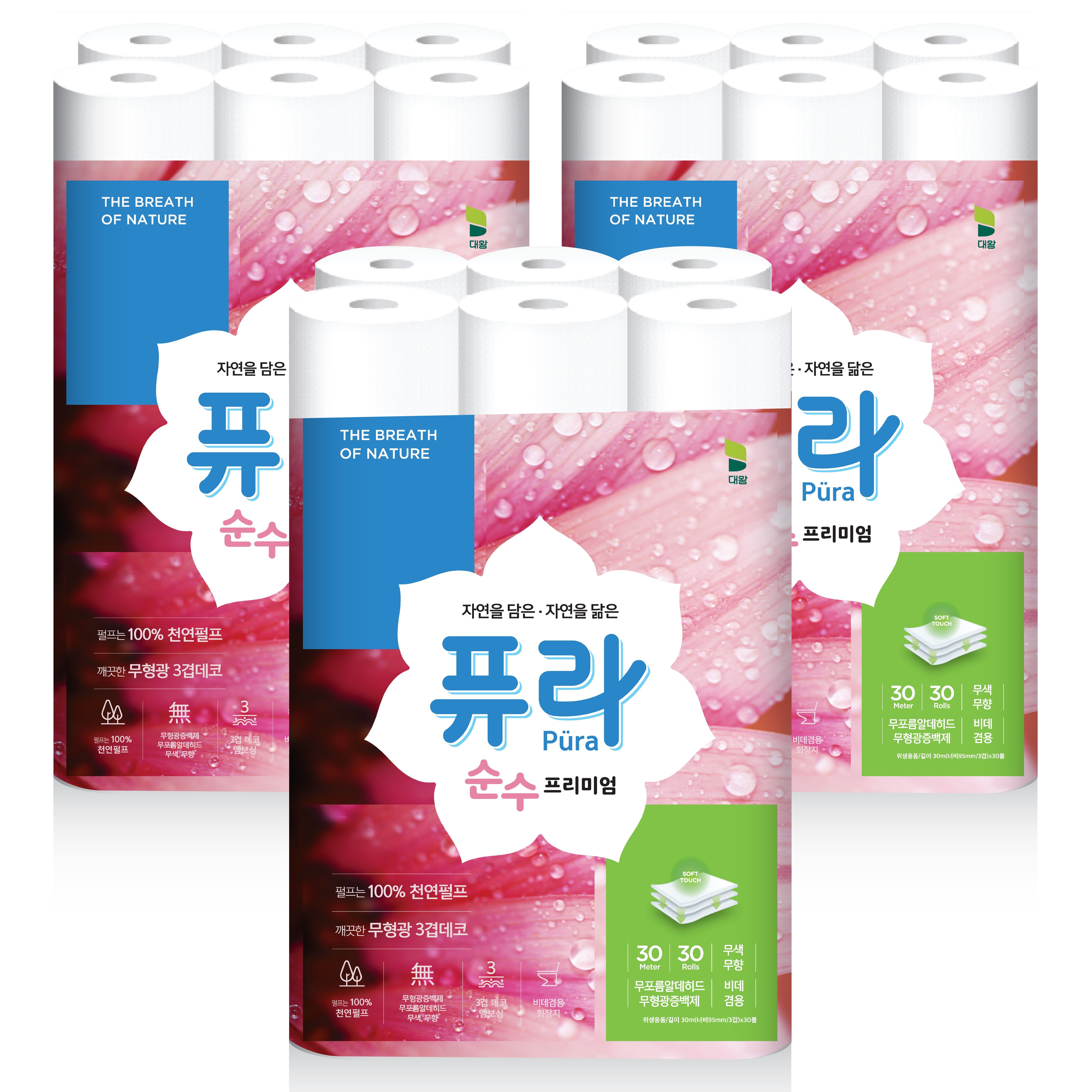 퓨라 순수 프리미엄 천연펄프 화장지 3겹 30m 30롤 3팩 총 90롤, 현재가 35,230원