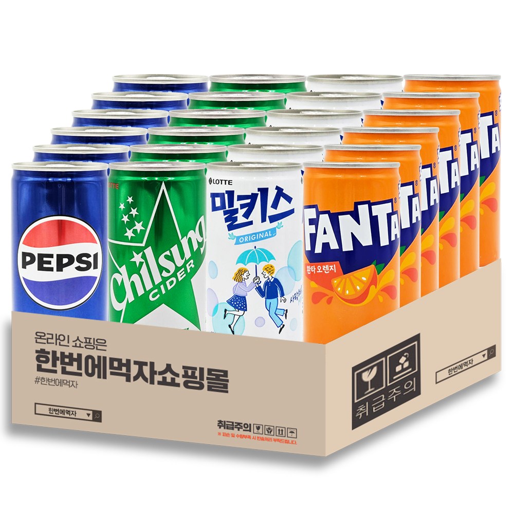 [한번에먹자쇼핑몰] 미니캔 인기 조합 세트 / 펩시 + 밀키스 + 칠성사이다 + 환타 오렌지 / 각 6캔씩 16,900원