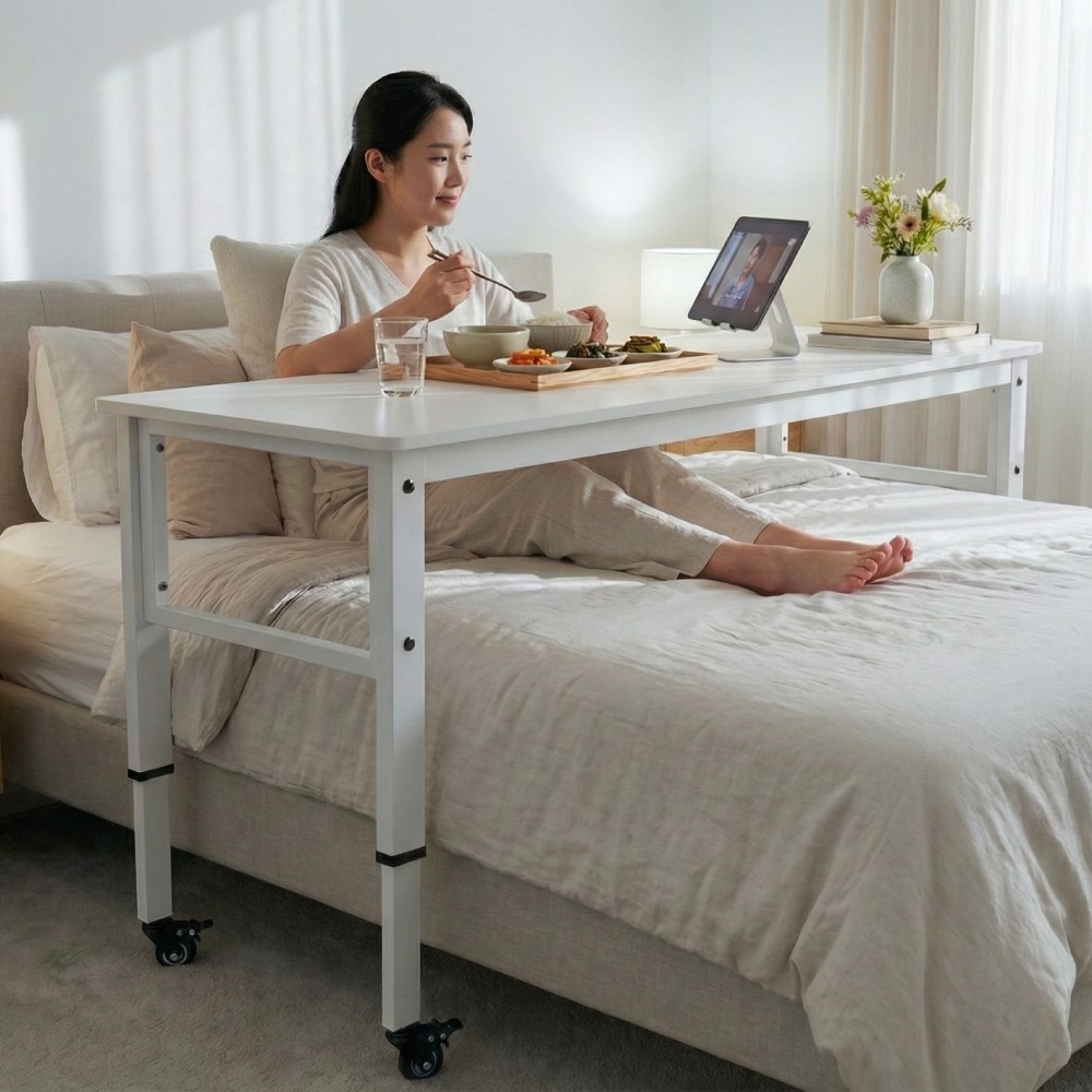 이동식 높이조절 침대 테이블 흔들림 없는 통프레임 베드 트레이 병원 환자 컴퓨터 책상, 화이트 99,000원