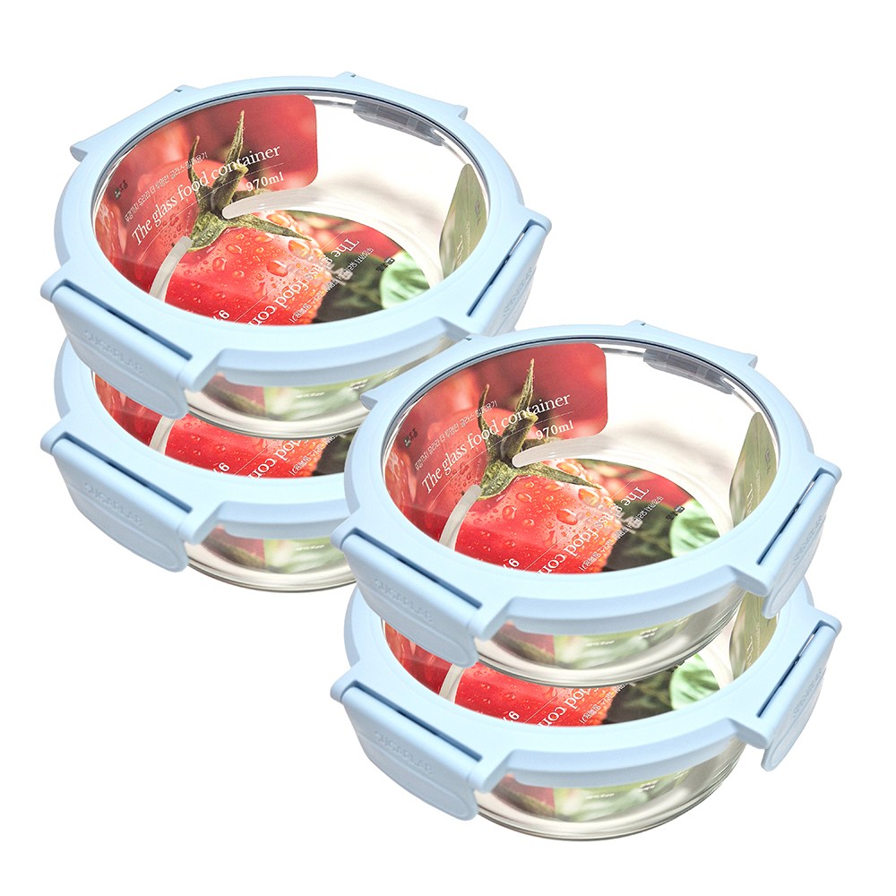 휴홈 더 투명한 바이오 글라스 유리 밀폐용기 원형 4종, 970ml, 4개 30,600원