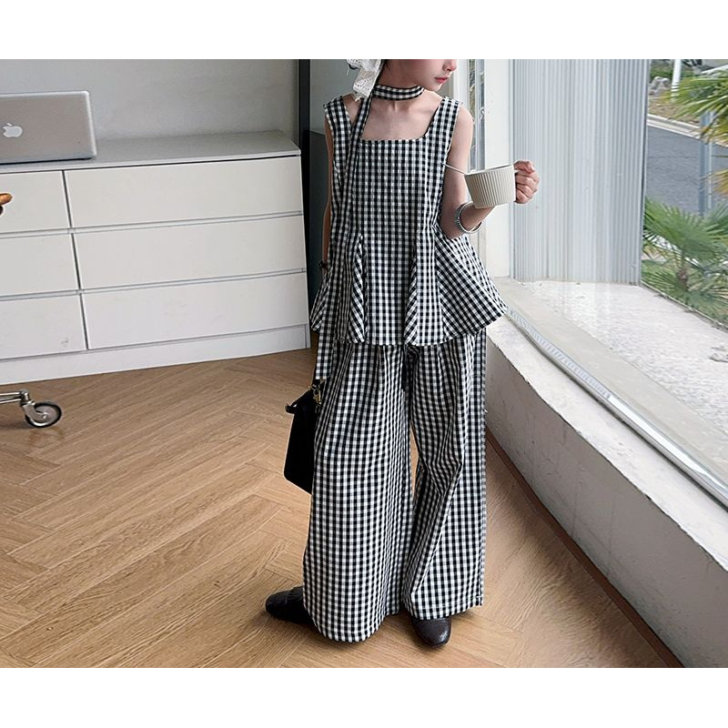 해피유통어린이 여아 패션 체크 무소매 상의와 와이드 팬츠 청량한 귀여운 스타일14세 이상 XG03 32,220원