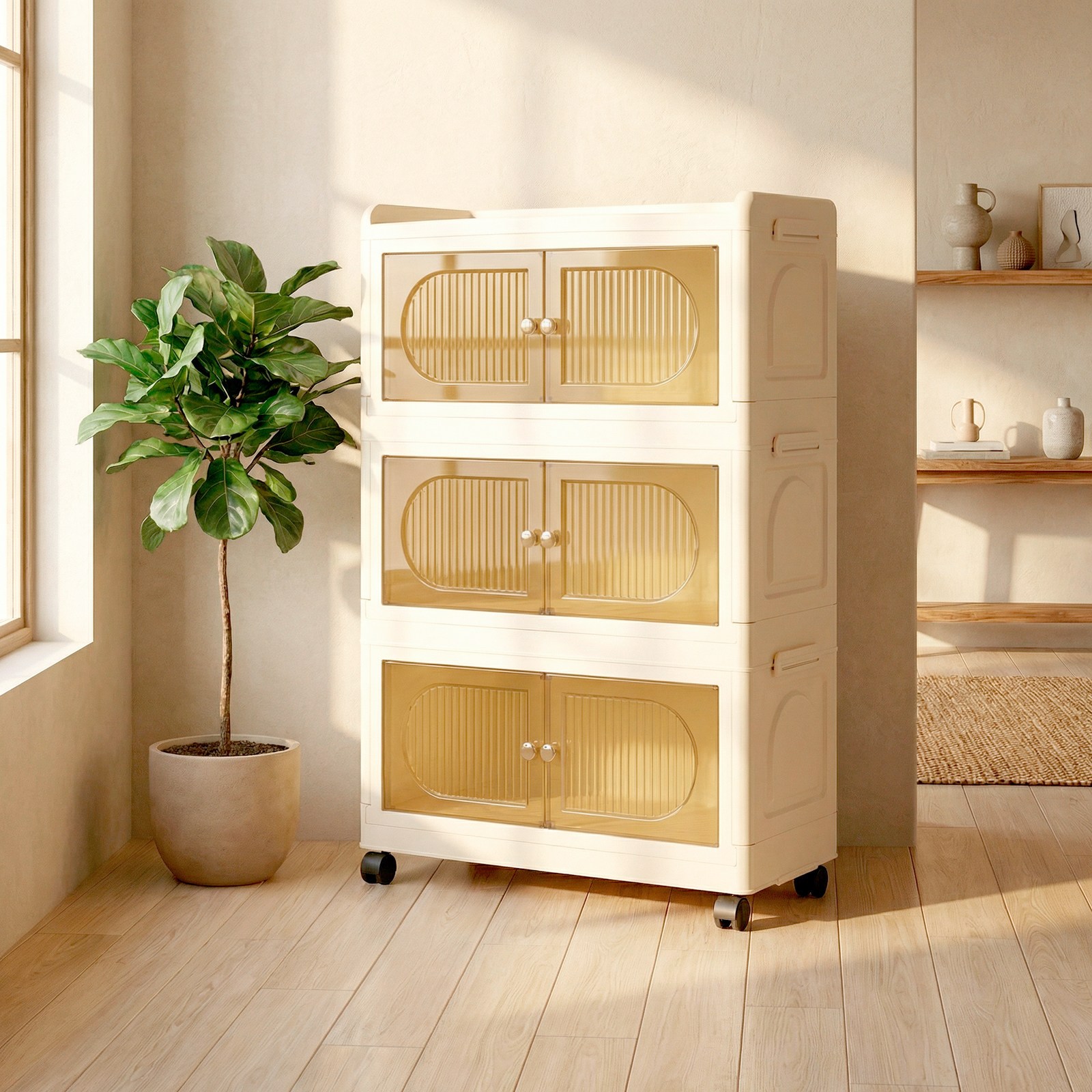 SHE-U 플라스틱 리빙박스 접이식 다용도 이동식 수납장 대용량 정리함 거실 부엌 침실 폴딩박스 3단 4단 5단 수납장, 투명, 3개 54,900원