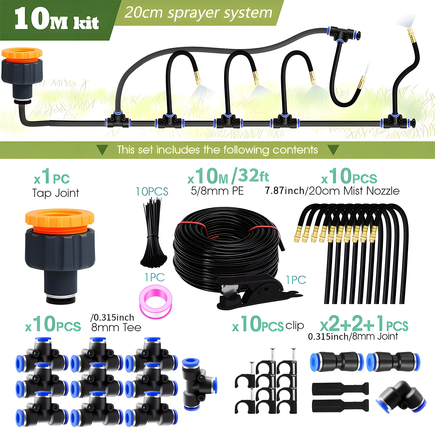 30M-5M DIY 무료 벤딩 범용 분무기 키트 8mm 호스 파티오 미스트 냉각 시스템 (정원 식물 연무 관개용) 23,200원