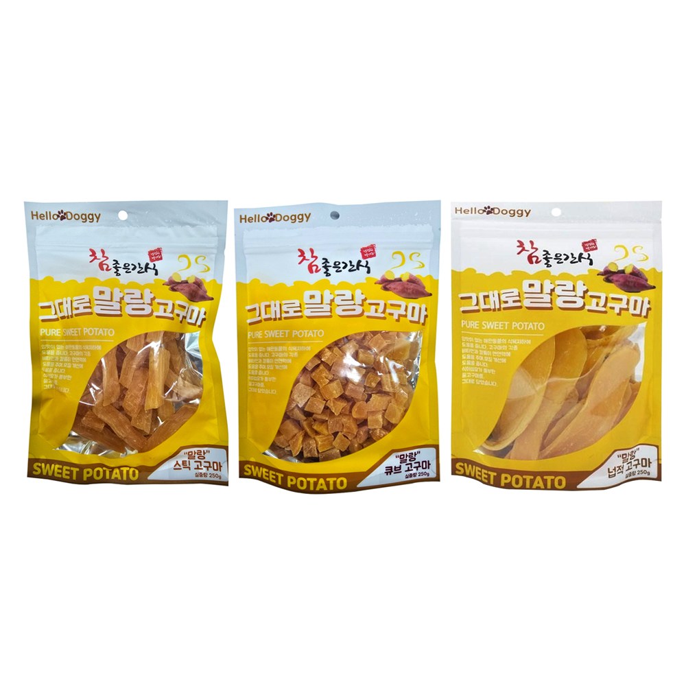 헬로도기 참좋은간식 그대로 말랑 고구마 250g 3개 강아지 애견 간식 스틱 넙적 큐브, 고구마맛, 250g, 3개 14,500원