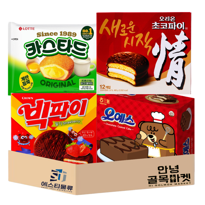 롯데 오리온 크라운 해태 대용량 파이 4종 카스타드 230g(대) 초코파이 468g(대) 오예스360g(대) 빅파이216g(대) 탕비실 대용량 간식 세트, 안녕골목마켓 38번 대용량파이4종, 1개 22,500원