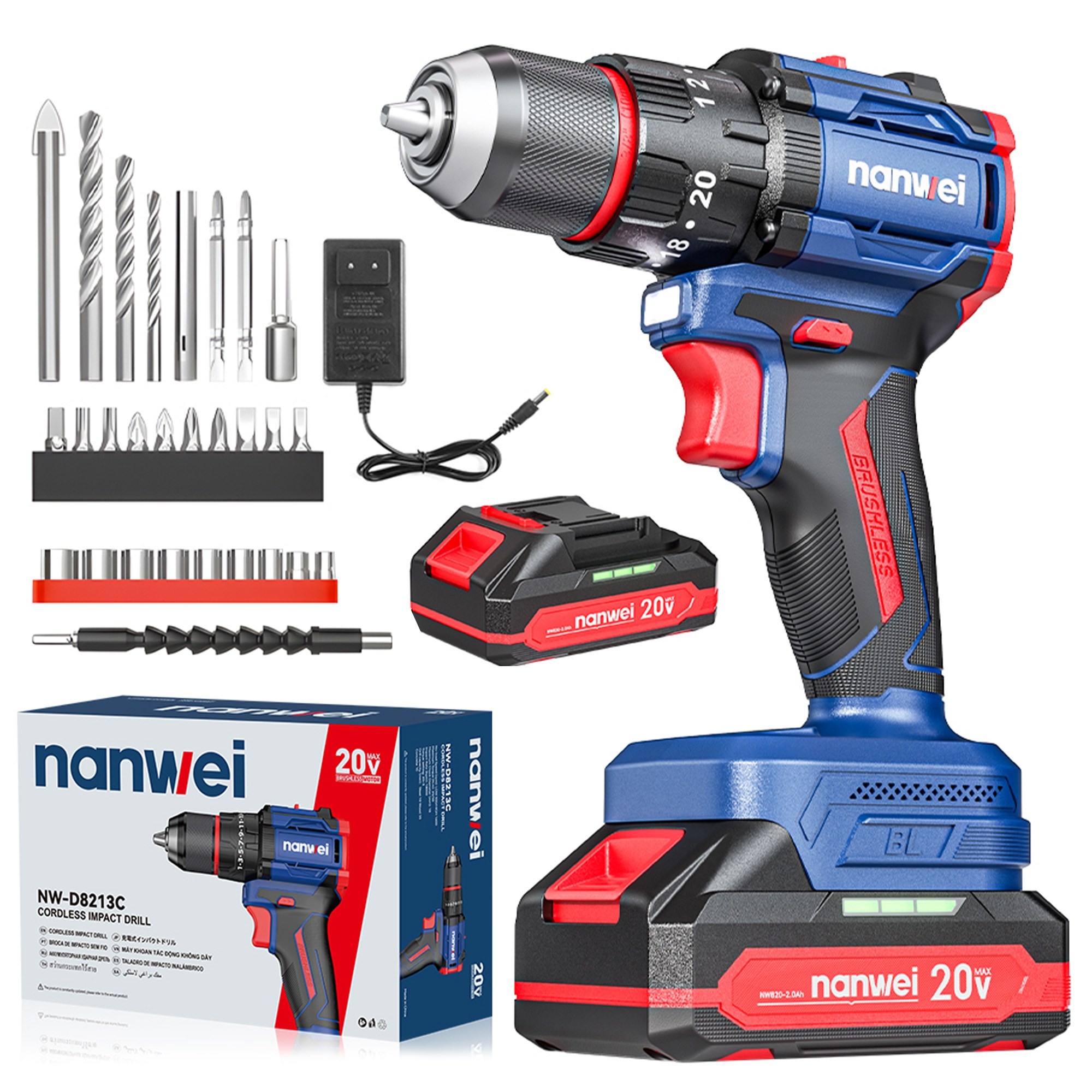 [국내발송] NANWEI 브러시리스 충전식 전동 드릴 무선 전동 드라이버 임팩트 20V 배터리 2개 공구 풀세트, 1세트 139,000원