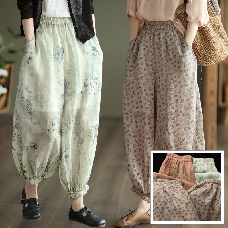 (매진 임박) 90kg까지 빅사이즈 여성 리넨 플라워 배기 팬츠 9부 조거팬츠 바지 여름 편한 하이웨이스트 허리 밴딩 우아한 캐쥬얼 핏 이쁜 빈티지 모던 면 마 심플 긴바지 팬츠 24,900원