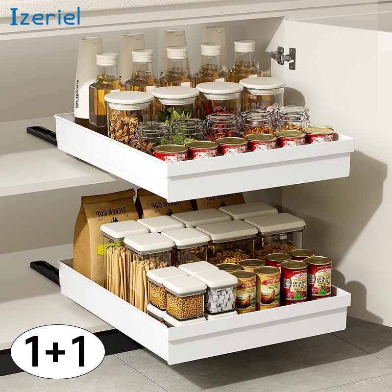 Izeriel 1+1 슬라이딩선반 주방 서랍함 무타공 슬라이딩 접척식 정리대 수납 선반 양념병 정리함 다용도 찬장 전용 스탠드 조미료 양념대 27,800원