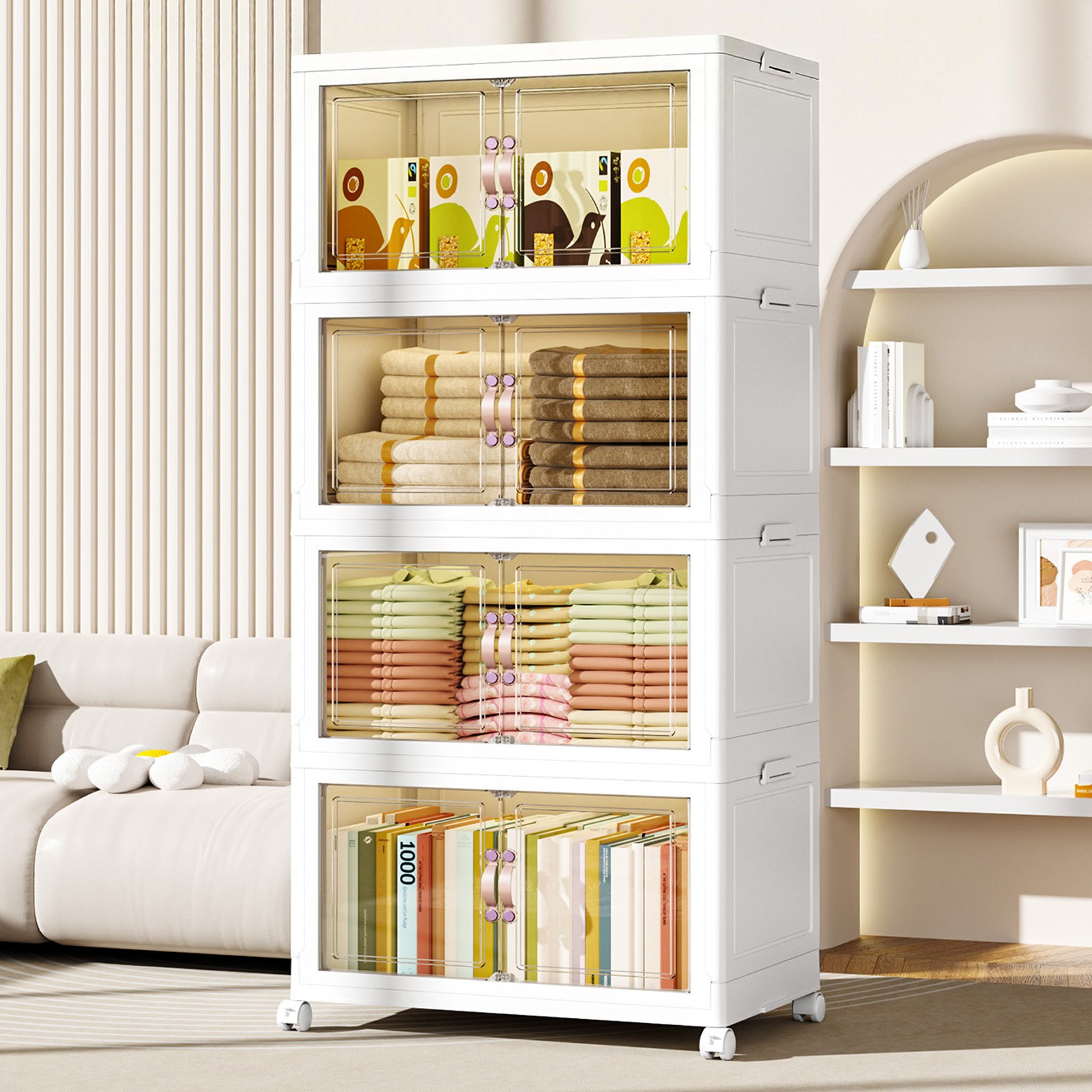 kipnos 폴딩 대용량 리빙박스 수납박스 대형 가정용 거실 장난감 사물함 간식 선반 옷정리함 수납장 대용량 수납 정리함 접이식 보관함 다용도 수납함 플라스틱 수납함 리빙박, 4개, 반투명 37,990원