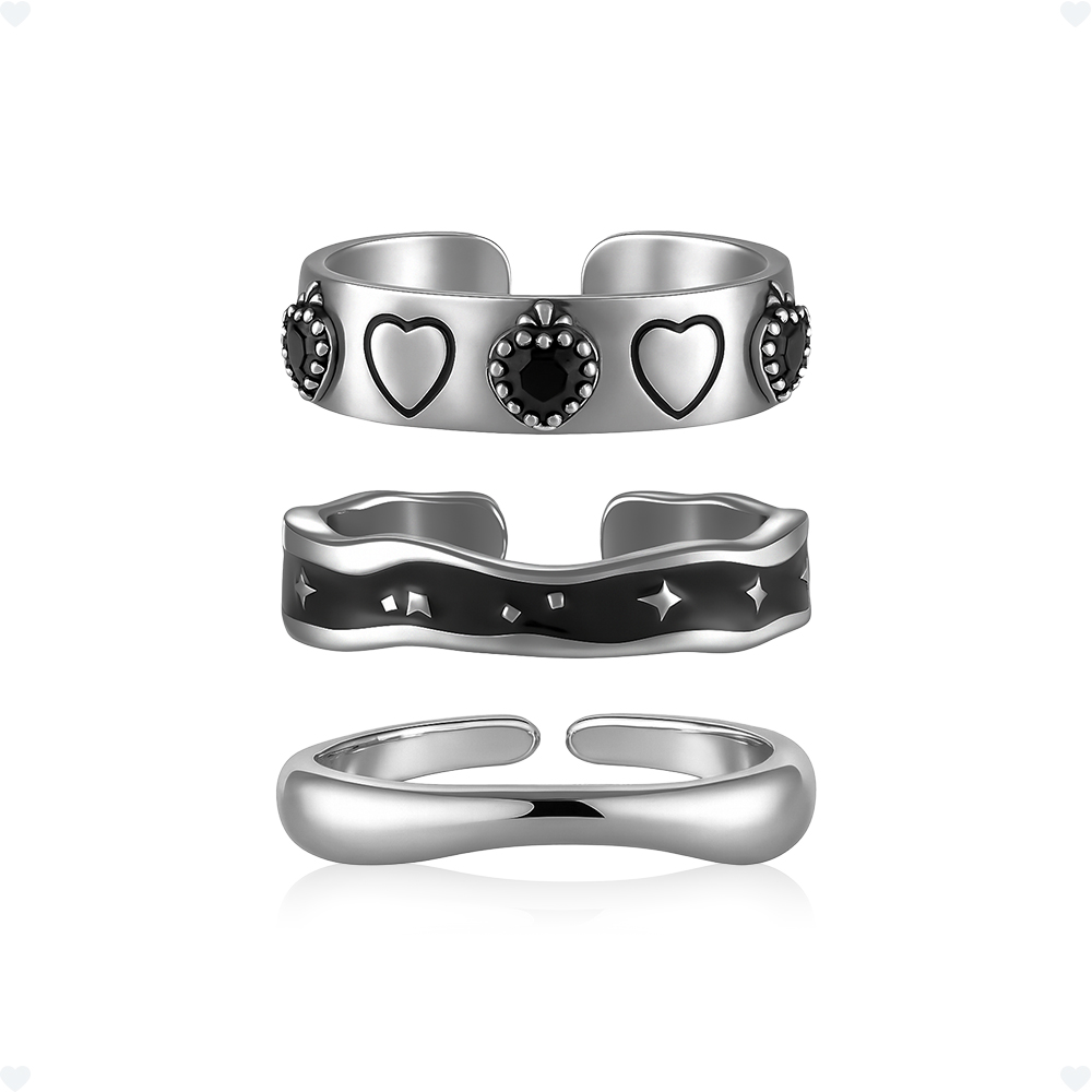 *사은품증정* [아모리안] Silver925 온앤오프 블랙 하트 큐빅 스타리 웨이브 엄지 검지 오픈 링 반지 세트 25,200원