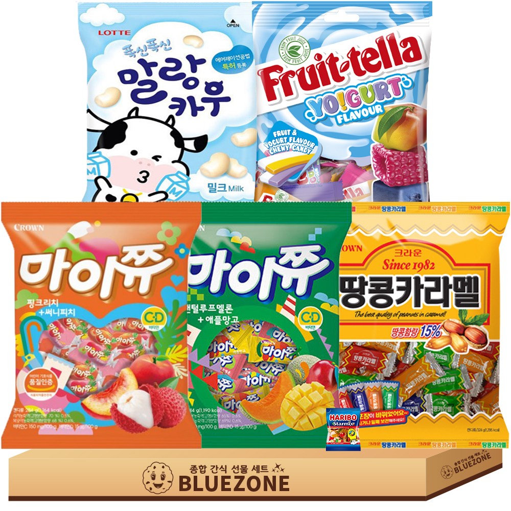 달콤 젤리 C세트 말랑카우밀크79g 1개 후르트텔라100g 1개 마이쮸핑크리치써니피치284g 1개 마이쮸캔털루프멜론애플망고284g 1개 땅콩카라멜120g 1개 하스25g 1개 19,900원