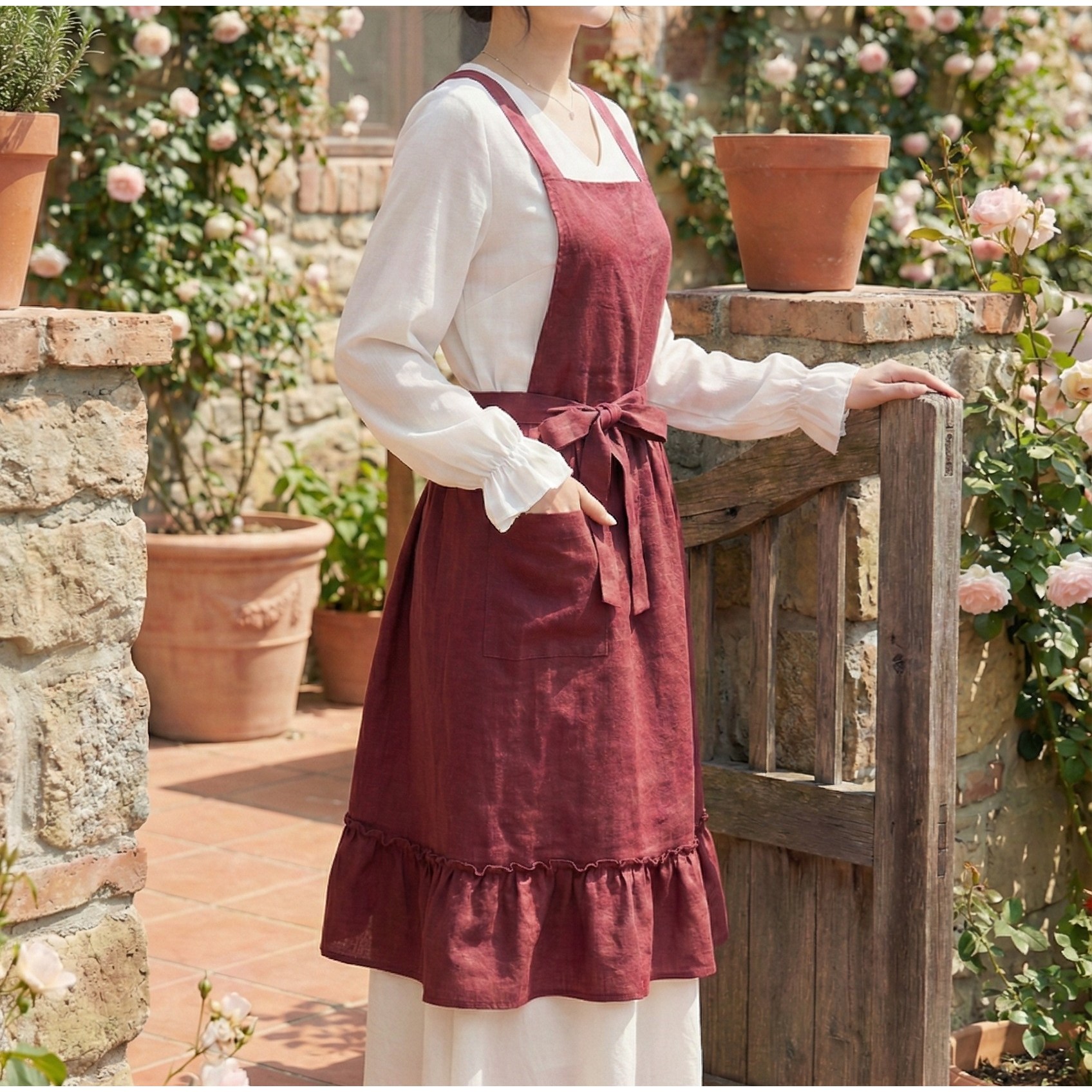 수수아벨 린넨 코튼 프릴 원피스 앞치마, 1개, 빈티지로즈 31,600원