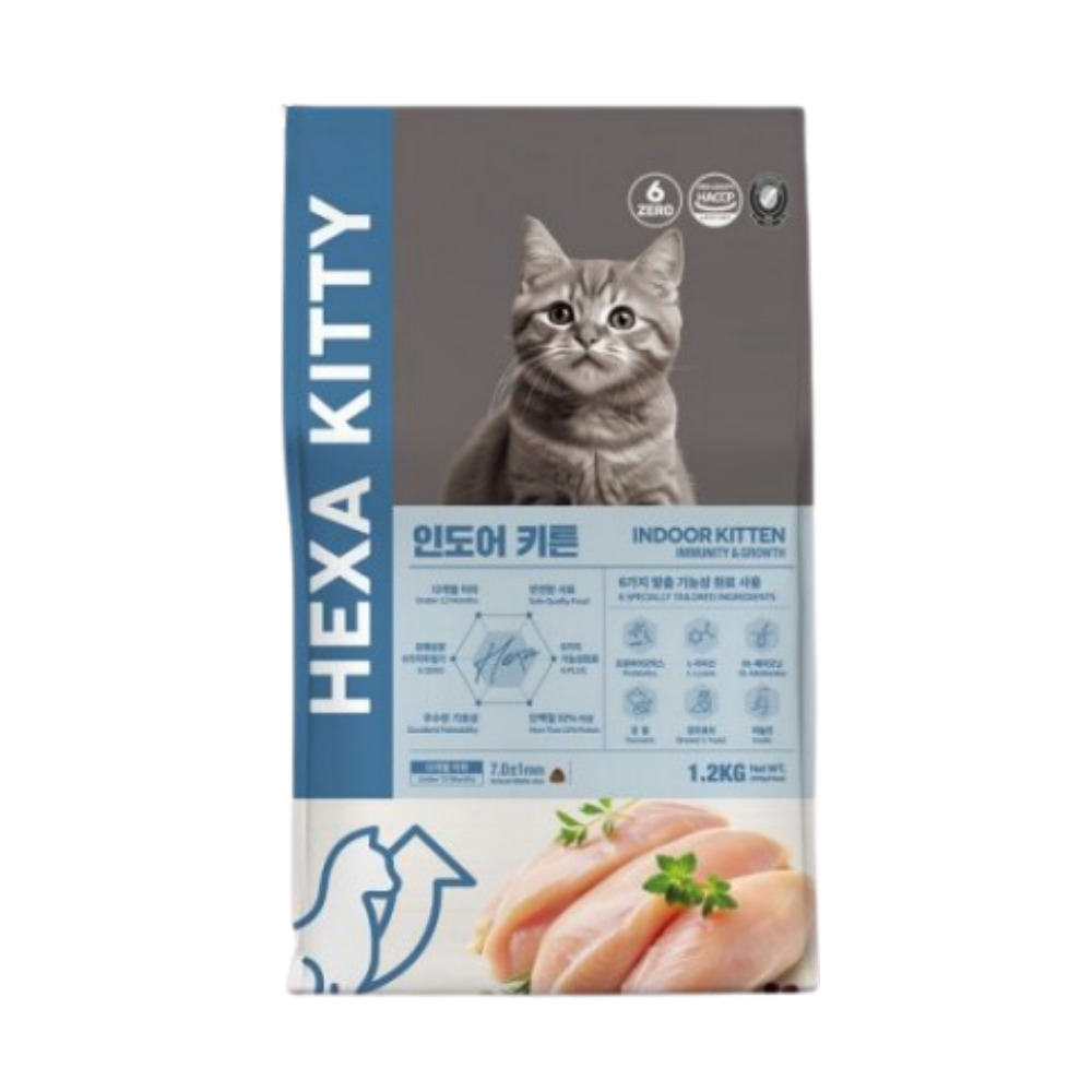 헥사키티 고양이사료 인도어 키튼1.2kg + 엘라이신스틱1p + 마이캣츄 1P 16,000원