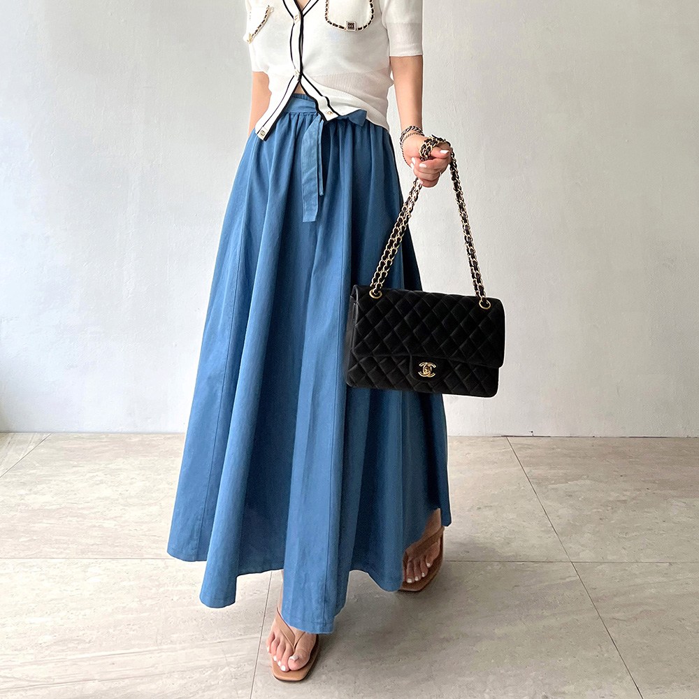 네모엔룩 여성용 데님맥시롱 허리밴딩 리본끈 플레어 데님 롱 스커트 19,900원