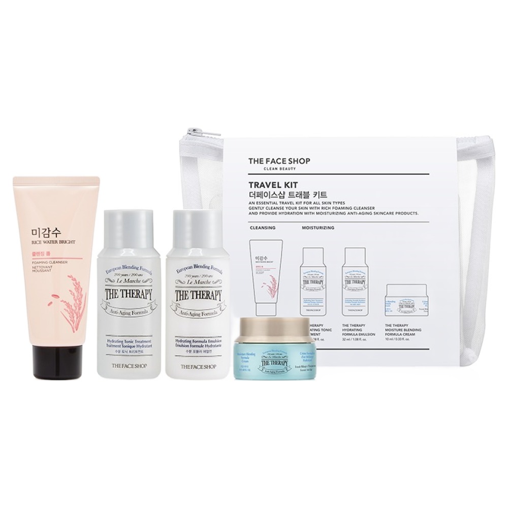 더페이스샵 트래블 키트 클렌징 폼 30ml + 트리트먼트 32ml + 에멀전 32ml + 크림 10ml + 파우치 세트 8,300원