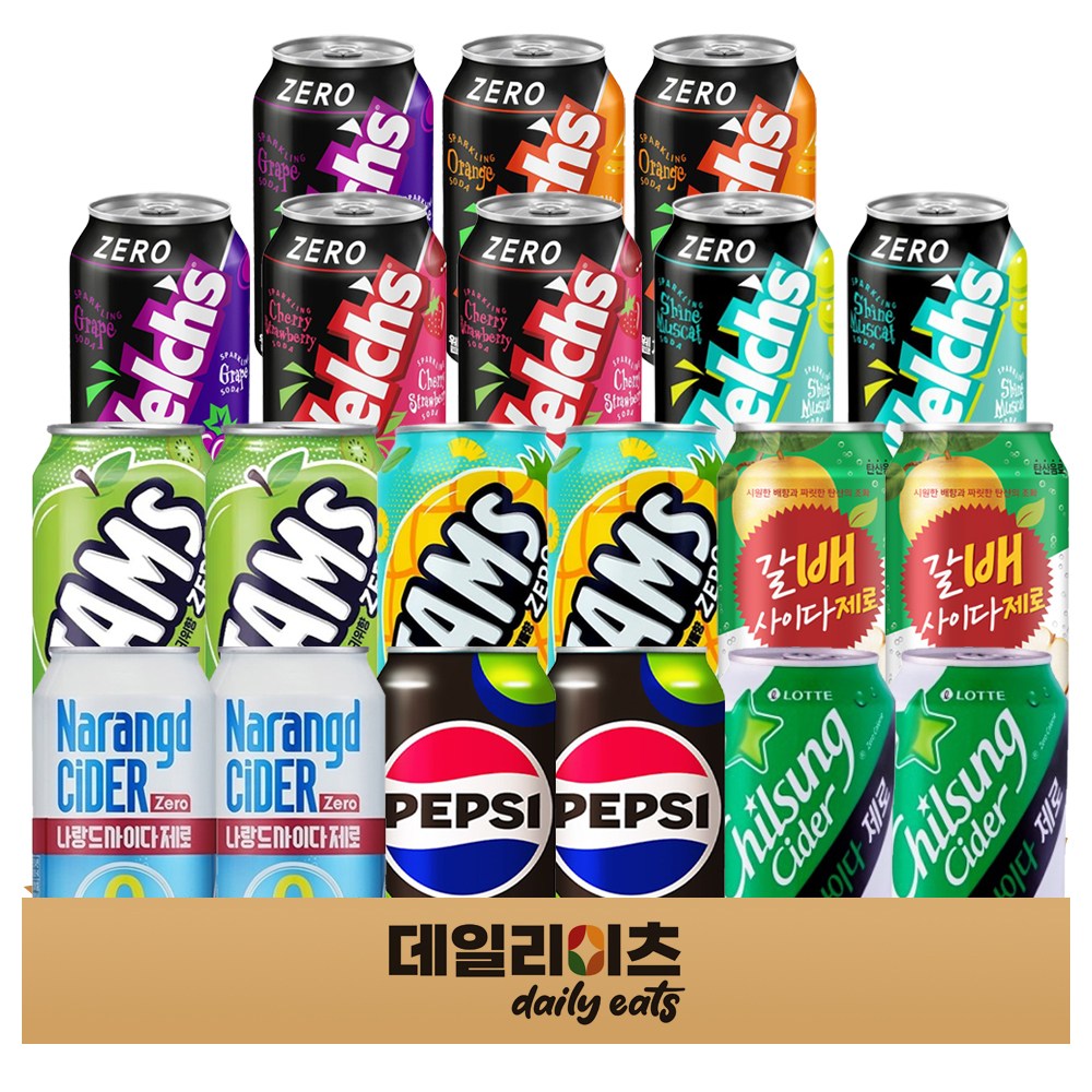 [데일리이츠] 제로칼로리 탄산음료 10종 20캔 (펩시제로 사이다제로 웰치제로 오렌지 포도 샤인머스켓 체리스트로베리 탐스제로 사과키위 파인애플 레몬) 24,900원