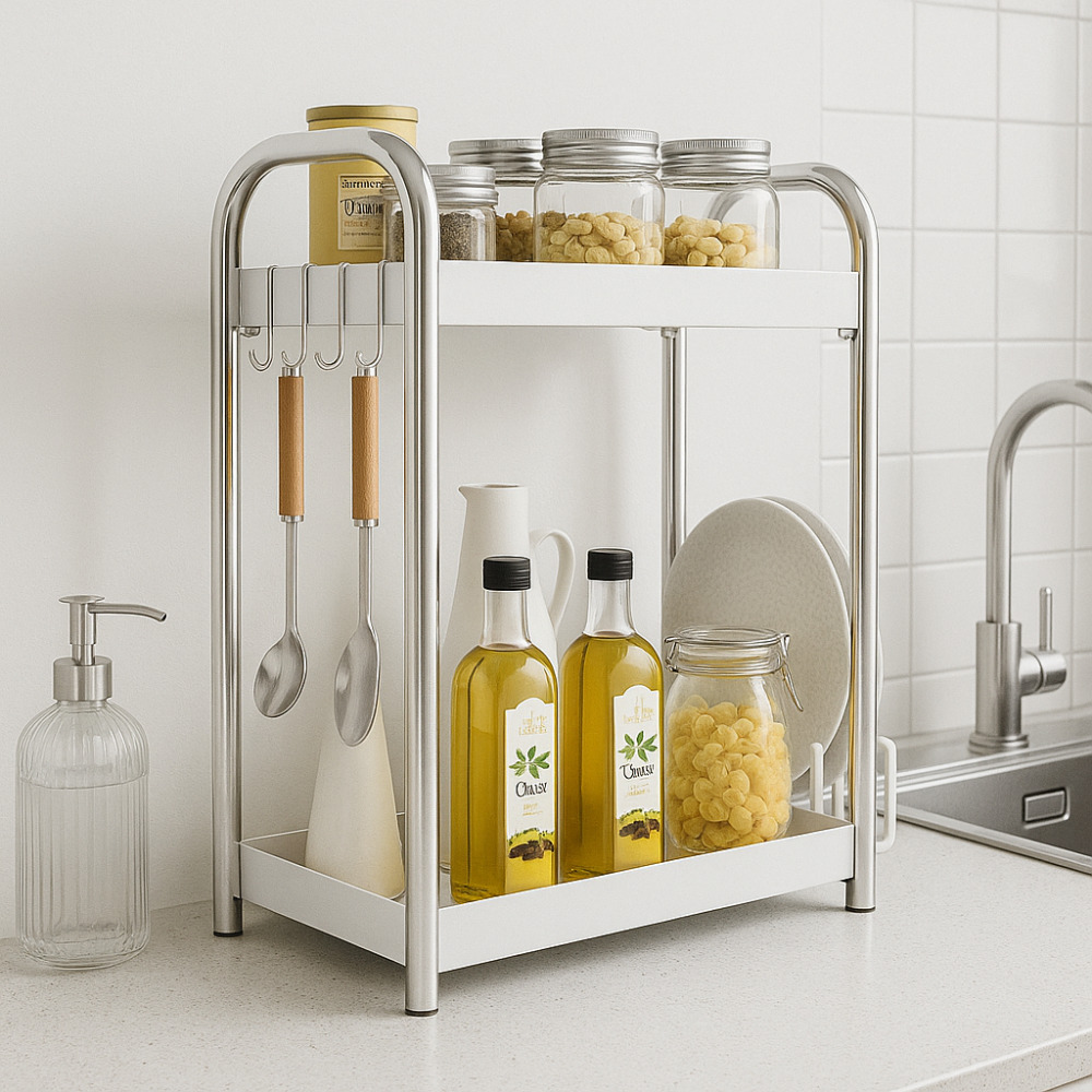 로미픽 스텐 높은 2단 주방 양념통 정리 수납 선반, 1개, 화이트 23,500원