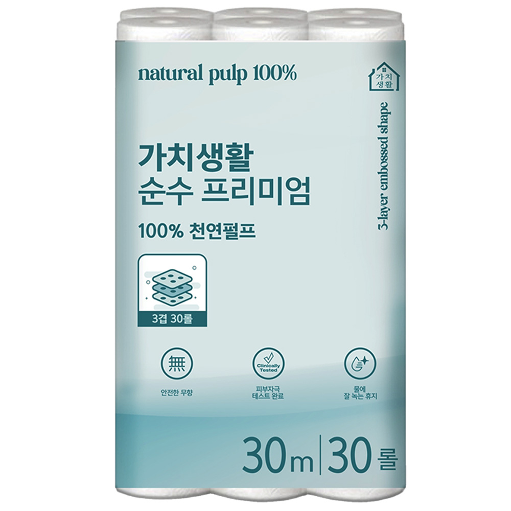 가치생활 물에 잘 녹는 천연펄프 3겹 고급롤화장지, 1개, 30롤, 30m 17,500원