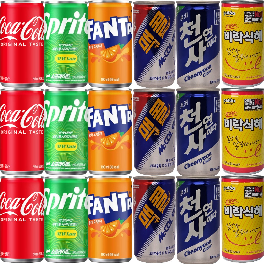 사무실 간식 음료수 6종 각 3개씩 혼합세트 (코카콜라 스프라이트 환타오렌지 맥콜 천연사이다 비락식혜) 14,500원