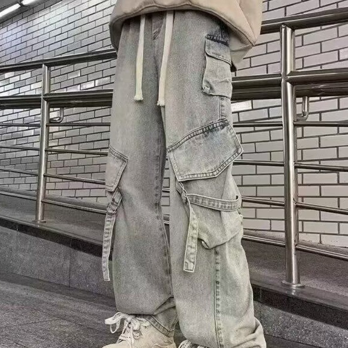 녕동 남성 카고 청바지 캐주얼 일자 와이드 허리 스트링 빅포켓 데님 팬츠 26,900원