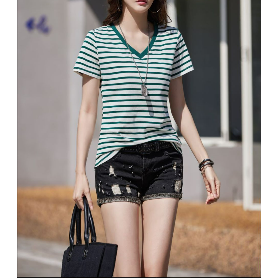 퓨어디아 여성 스트라이프 브이넥 데일리 줄무늬 반팔 티셔츠 YB-89 19,800원