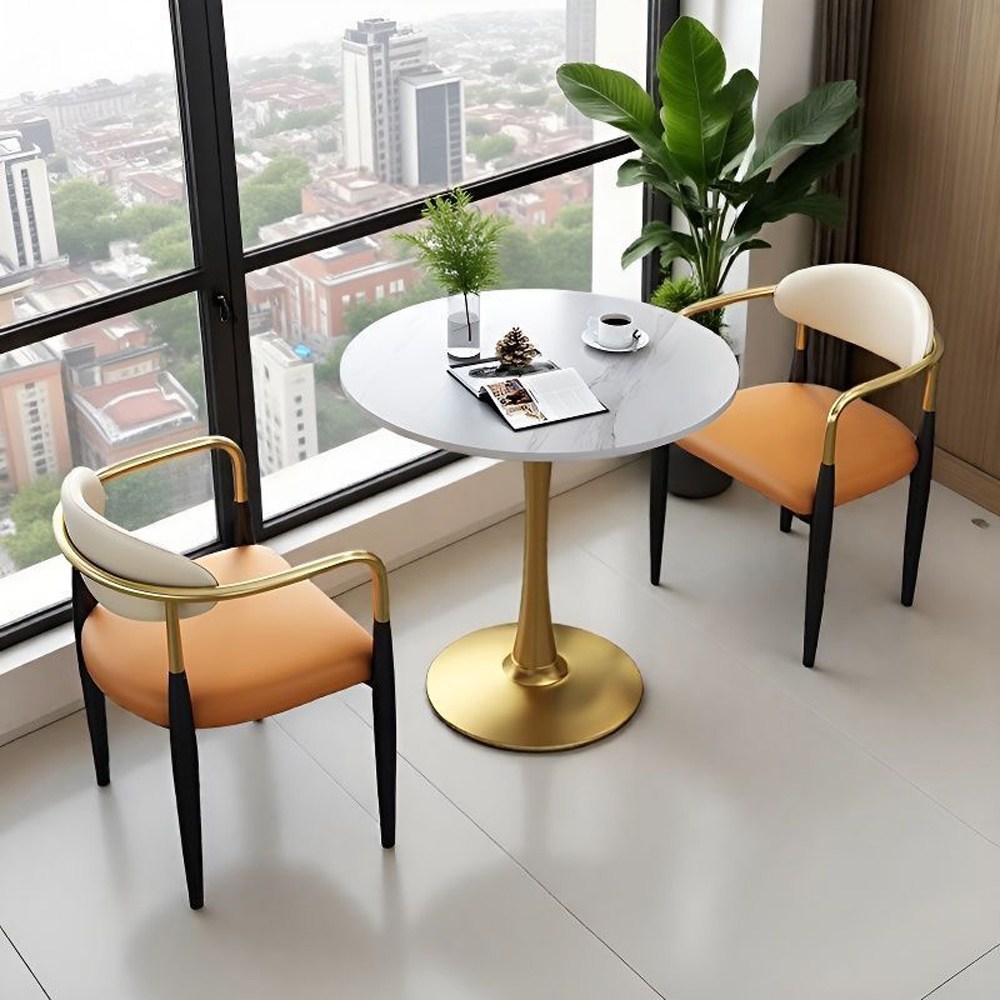 고급 원형식탁세트 2인 4인 티테이블세트 카페테이블 의자세트, 일반 의자 2, 오렌지 가죽 의자(골드 테이블 다리)800mm 234,780원