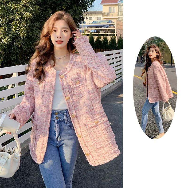 여성 긴팔 트위드 자켓 캐주얼 봄 가을 소향풍 코트 루즈핏 라운드 상의 아우터 기질 체크 하프 트위드 자켓 CY 34,580원