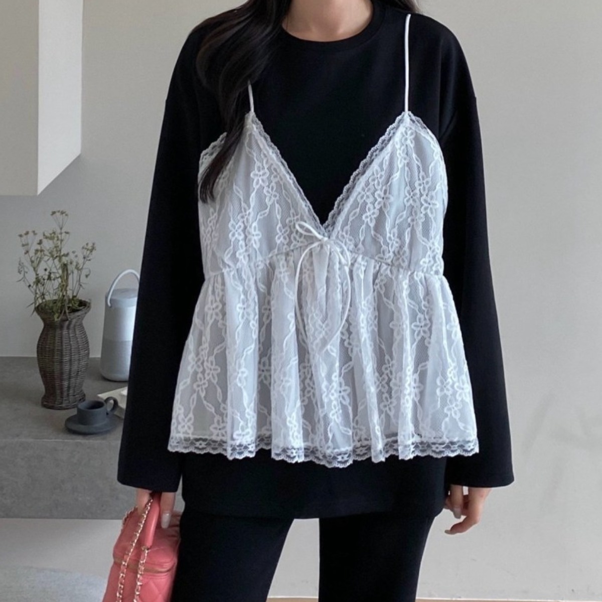 빅사이즈 여성용 레이스 뷔스티에 일체형 긴팔 티셔츠 체형커버 뱃살커버 레이어드 상의 45,400원