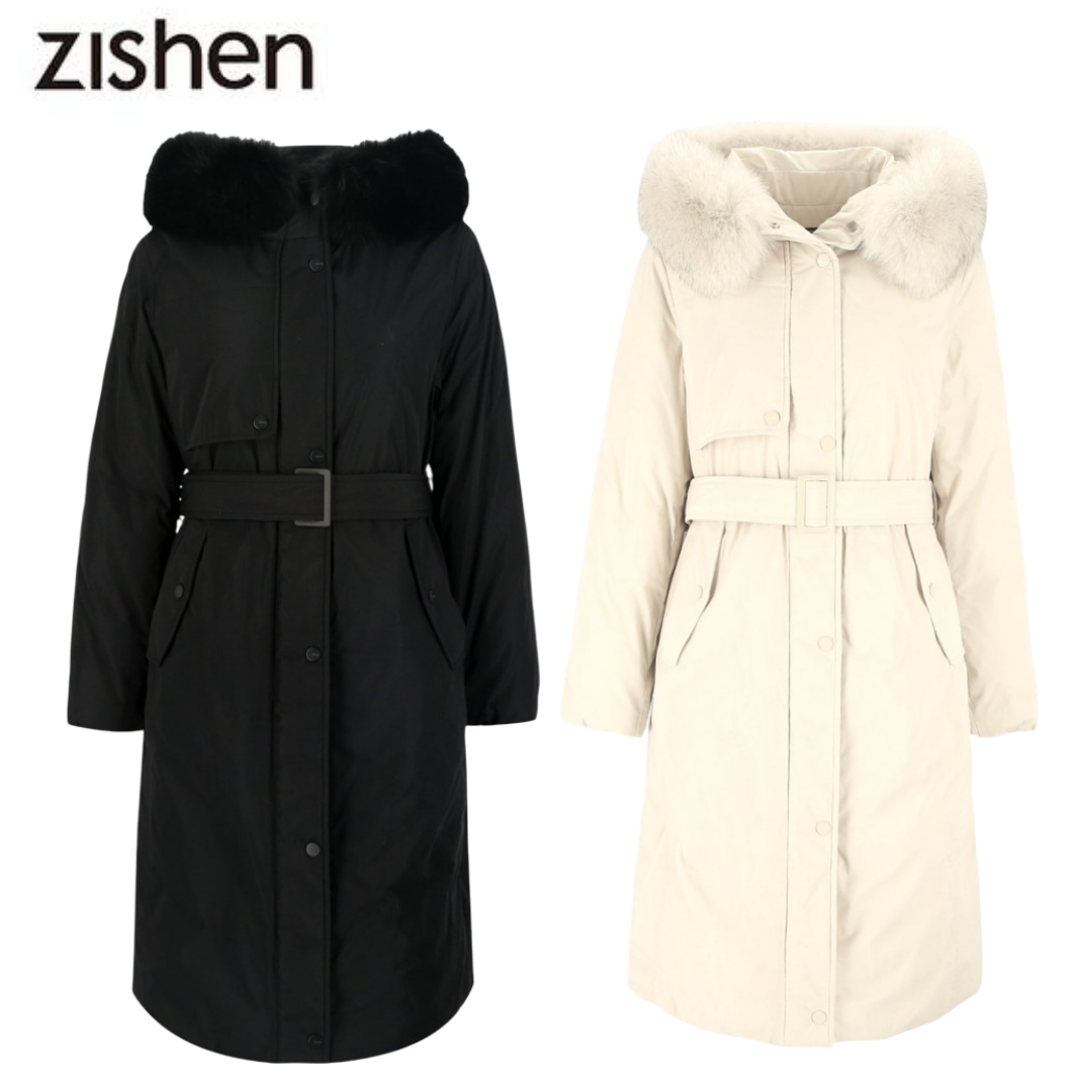 [매장발송] 지센 여성 폭스 패딩 겨울 트렌치 벨트 롱 구스 다운 점퍼 246,000원