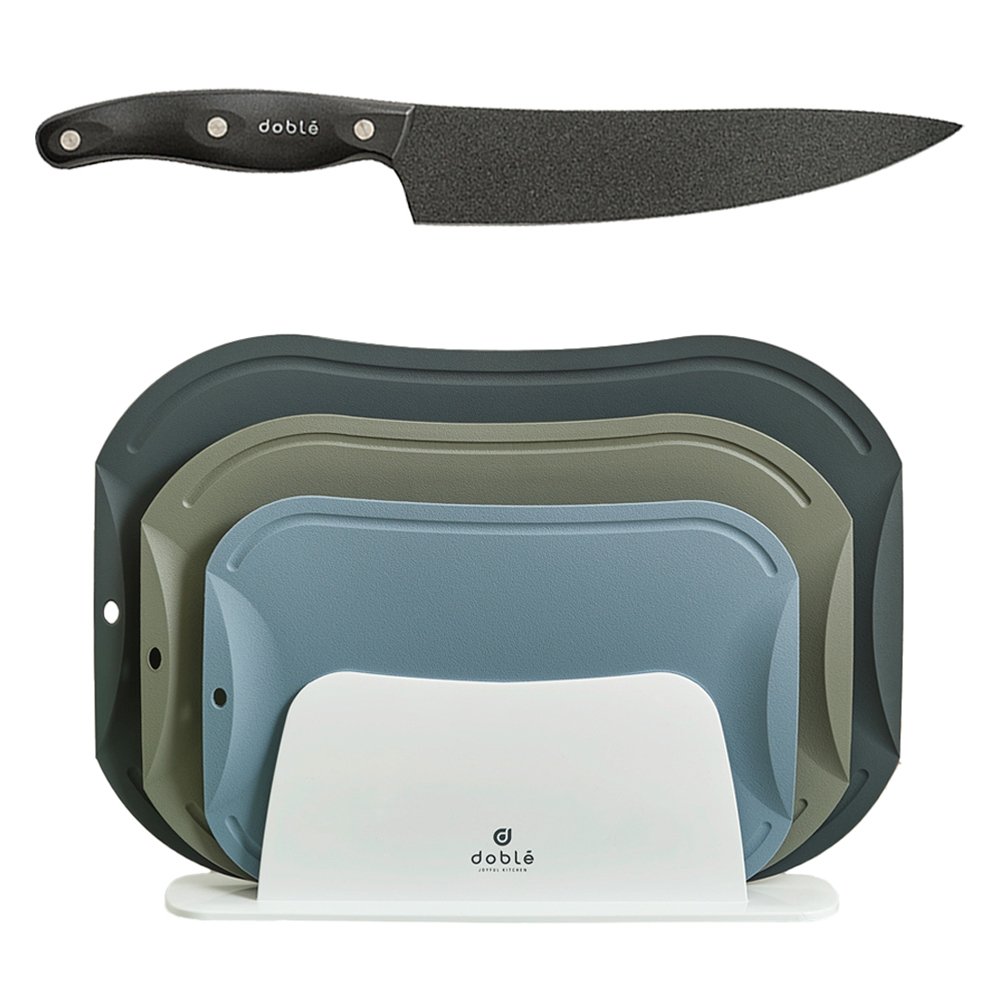 도블레 프리미어 셰프 식도 + 칼집나지 않는 도마 3종 + 도마 스탠드 세트, 블랙(셰프 식도), 화이트(도마 스탠드), 블루그레이(도마 소), 카키(도마 중), 차콜(도마 대), 1세트 109,800원