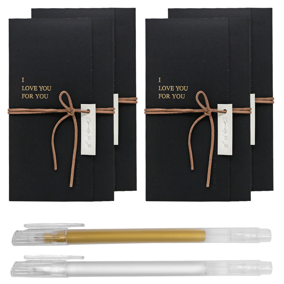 리드홈 블랙에디션 예쁜 가죽끈 메세지카드 편지지 4종 + 젤펜 2p 세트, 블랙(편지지), 화이트 + 골드(젤펜), 1세트 8,900원