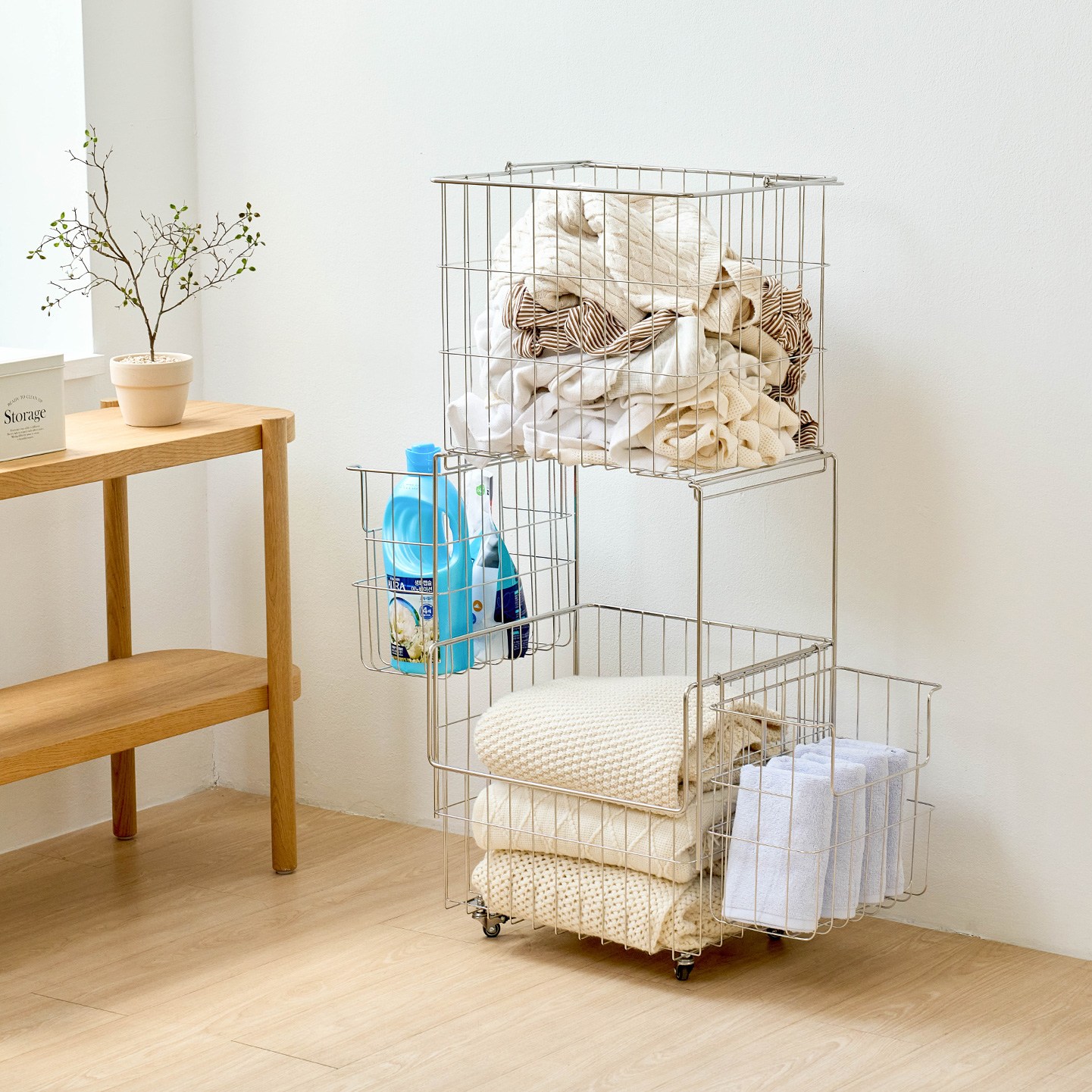 프리미엄 올스텐 이동식 손잡이 세탁 빨래바구니 2단+소바구니 2개 세트 119,000원