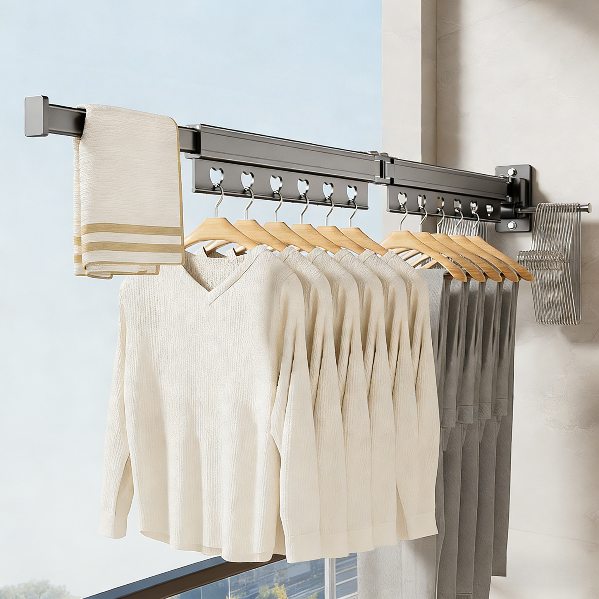 멀티기능 신축 접이식 벽걸이 빨래걸이 구멍 안 뚫는 소형 빨래 건조대 현대식 디자인, 2단3절 건그레이 360도 접이식 49,870원