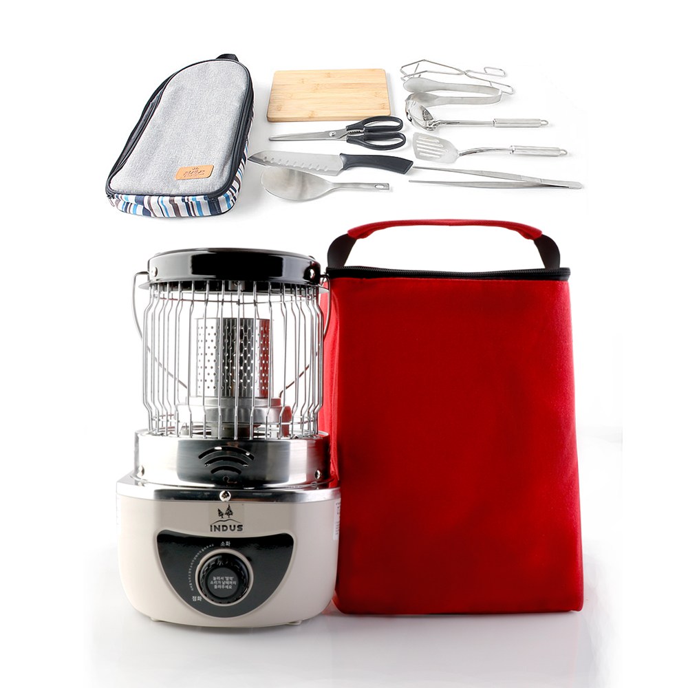 (가방 상부망 포함) 2023 인더스 부탄 가스 히터 난로 / 휴대용 캠핑용 사하라 탄, 인더스 가스히터 + 퀸센스 캠핑 키친툴 10P 159,000원