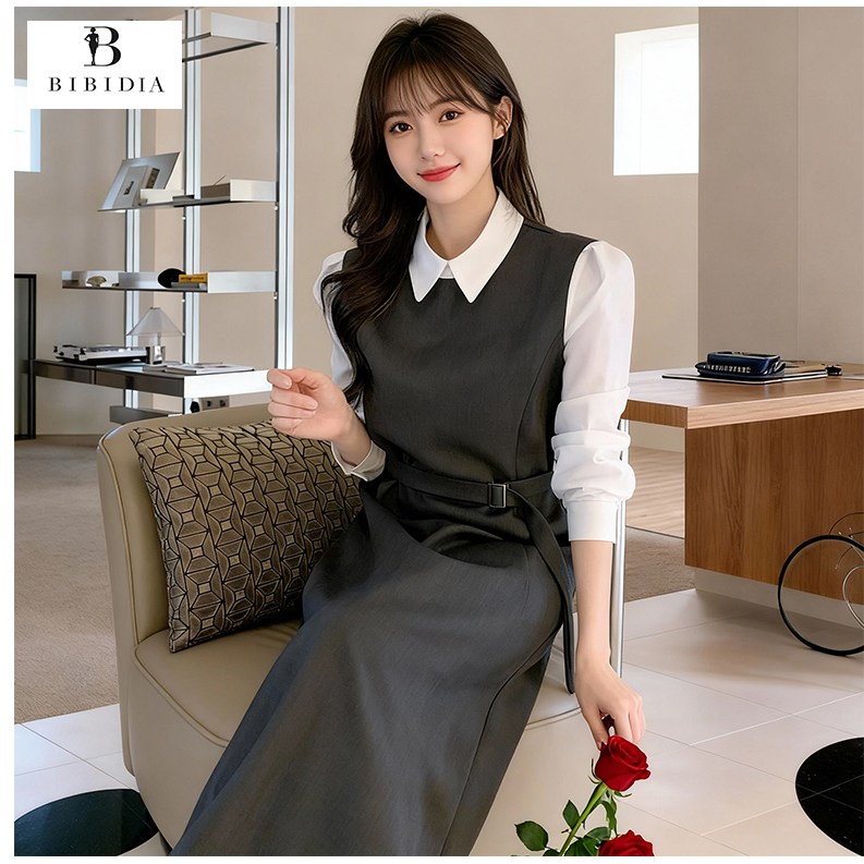 비비디아 여성 셔츠 배색 정장 카라 A라인 플레어 롱원피스 오피스룩 벨트 원피스 5587 40,800원