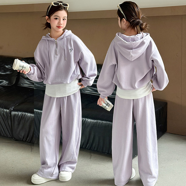 비비키드 여아 봄가을 신상 하트 페이크 레이어드 반집업 봄 가을 초중생 상하복 세트 주니어 후드티 세트 긴바지 (2611), 현재가 43,800원