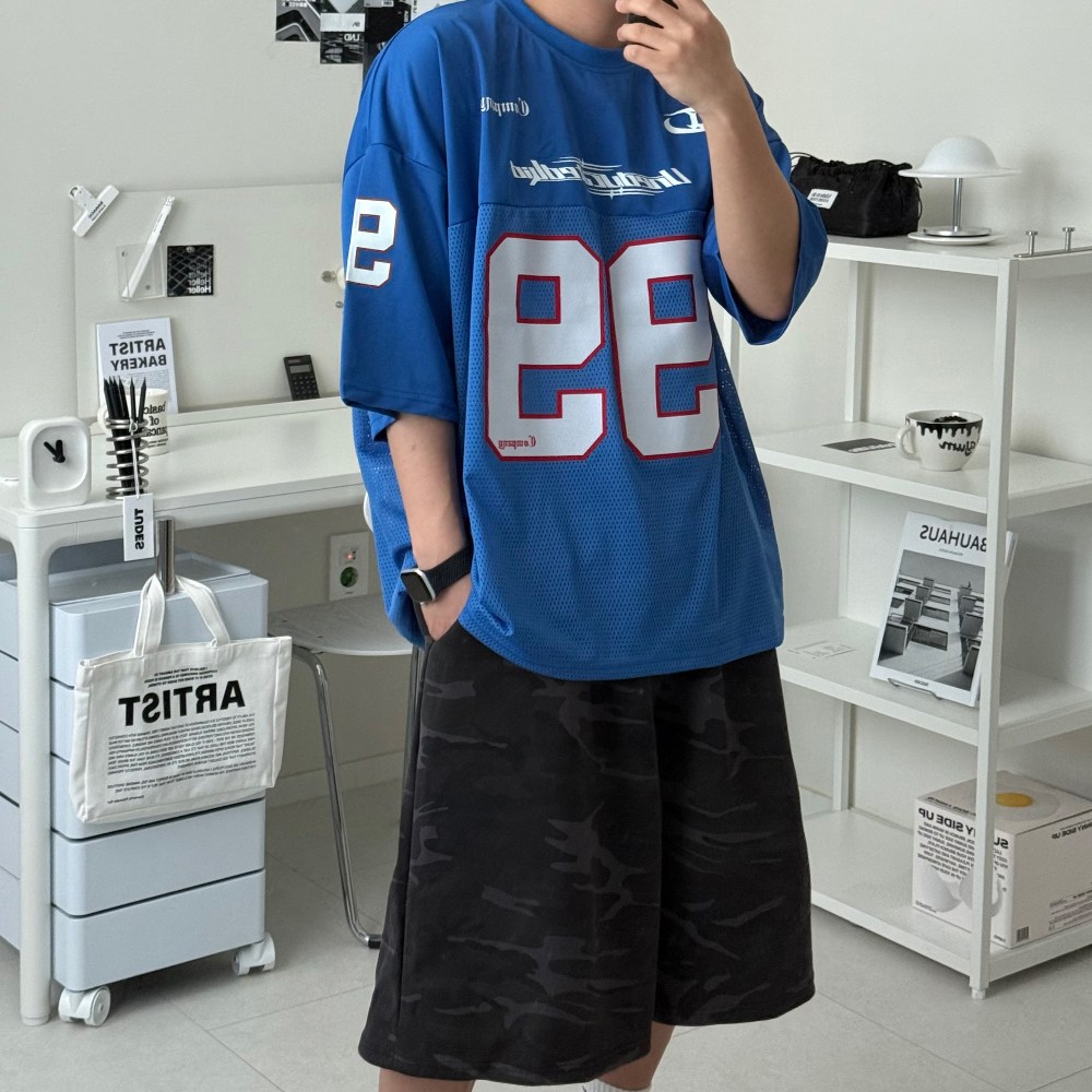 르위 블록코어 유니폼 져지 오버핏 브이넥 반팔 티셔츠 매쉬 럭비 풋볼 사커 스포티 반티 빅사이즈 28,700원