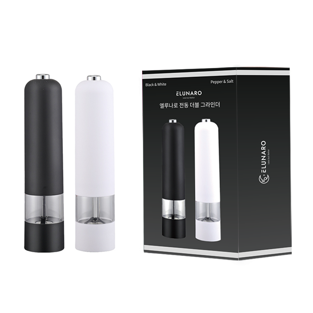 1+1 엘루나로 자동 전동 소금 후추 그라인더, 1세트, 블랙+화이트, 80ml 19,800원