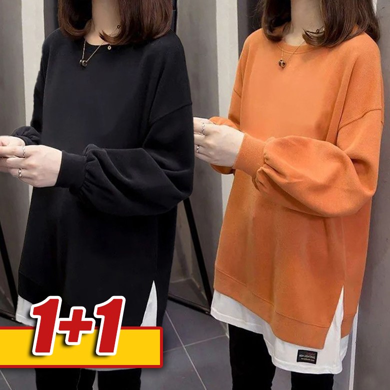 1+1 여성 라운드 롱티 심플 맨투맨 긴팔 티셔츠 레이어드 박시 베이직 봄가을 빅사이즈 여자 상의 간절기 23,400원