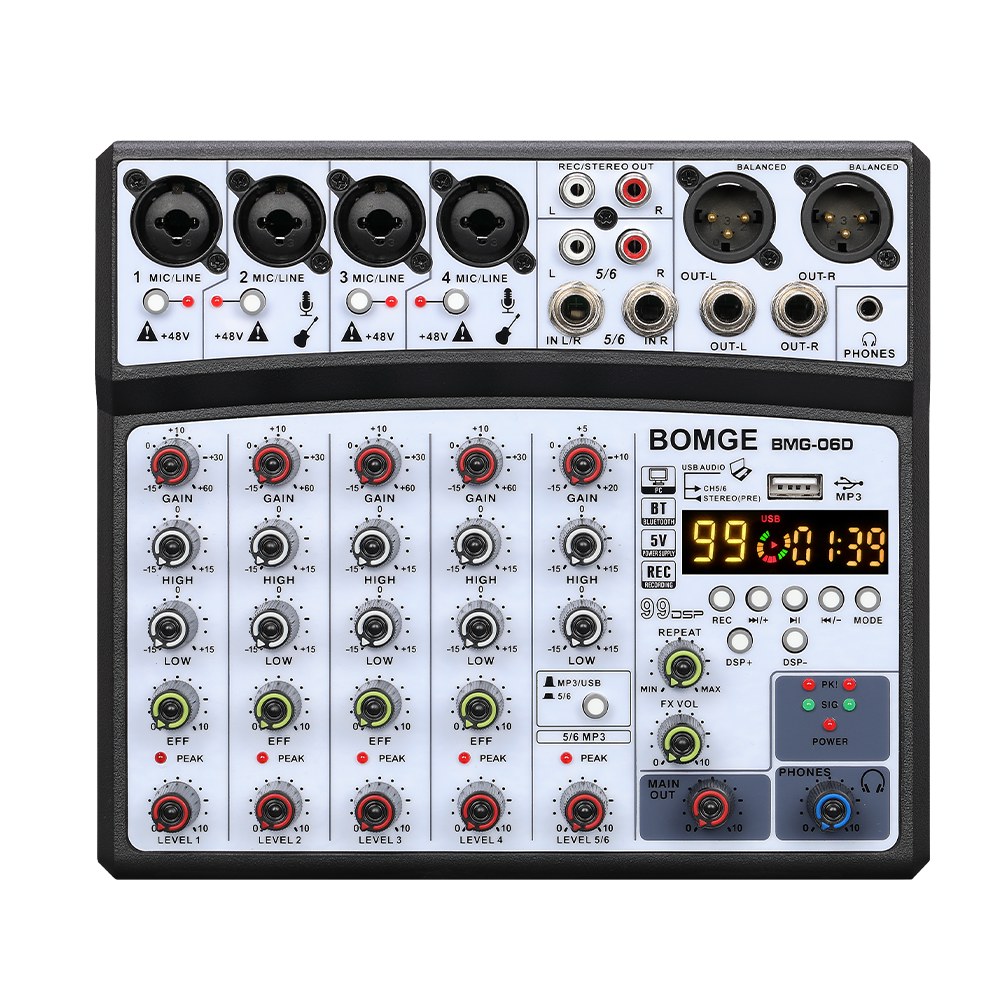 사운드 오디오 인터페이스 음향 믹서  BOMGE 6 채널 휴대용 믹싱 콘솔 USB 99 DSP 에코 48V 팬텀 전원 61,200원