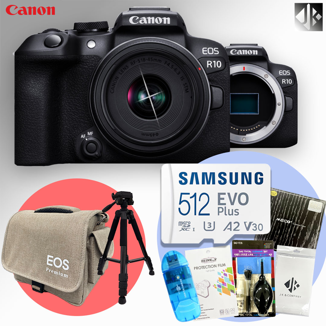 캐논 EOS R10 + RF-s 18-45mm F4.5-6.3 IS KIT +메모리512GB+액정보호필름+융+가방+청소도구+리더기+필터+삼각대 패키지 1,350,000원