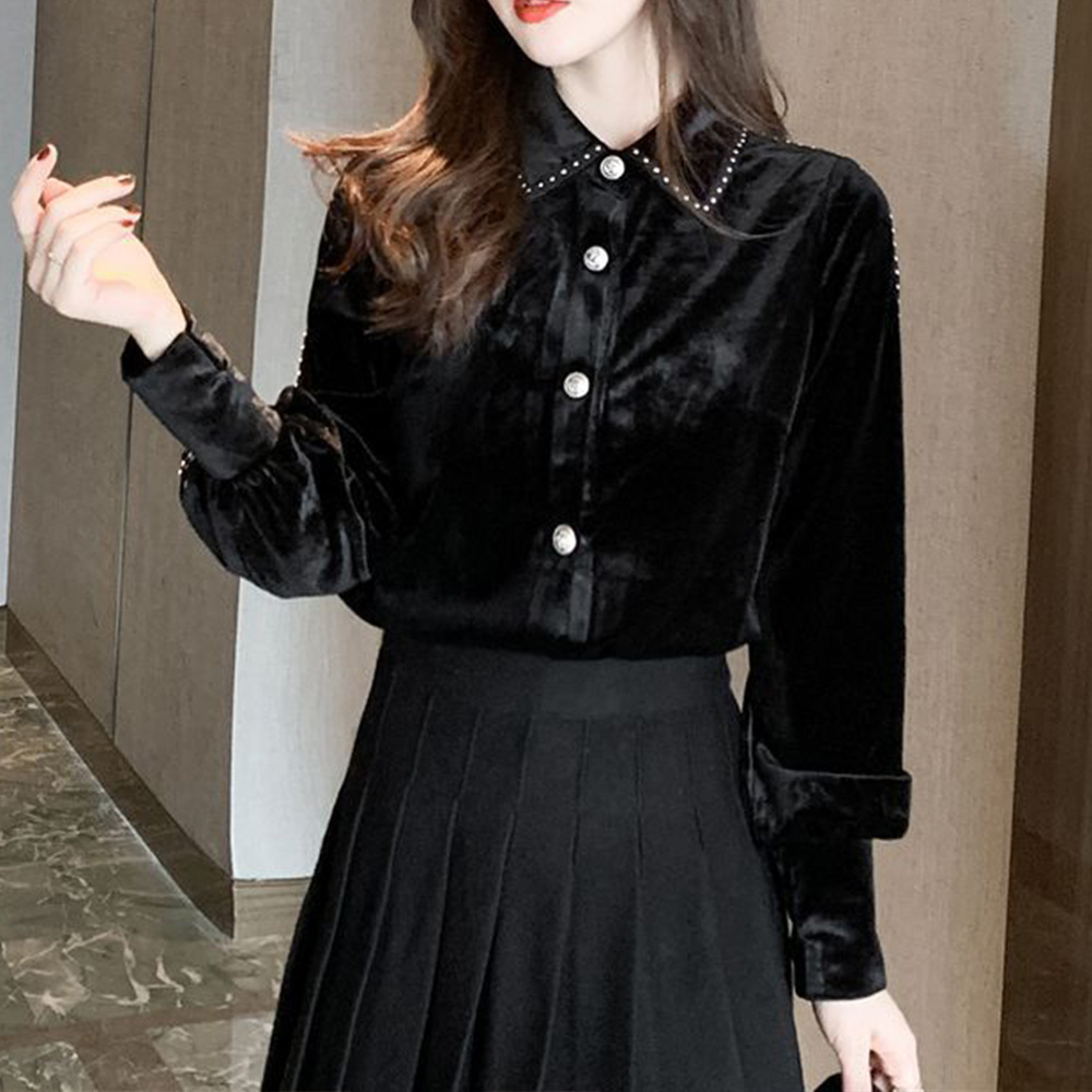 besteffie 여성 겨울 보온 벨벳 긴팔 블라우스 버튼 장식 고급 트렌디 경량 상의 24,410원