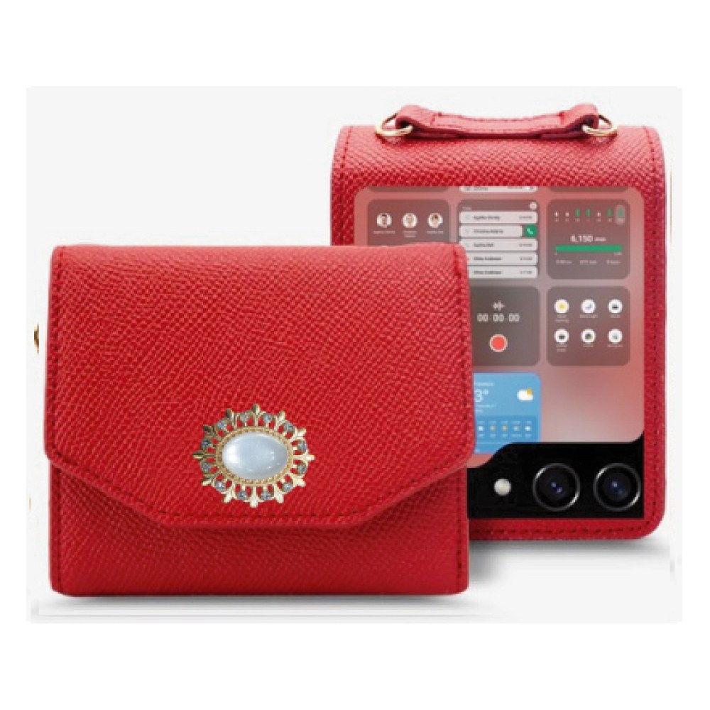 갤럭시  Z플립6 _ 앤틱 펄 천연 소가죽 금속장식 지폐1칸+카드4장 수납 지갑형 케이스 + 핸드스트랩 32,800원