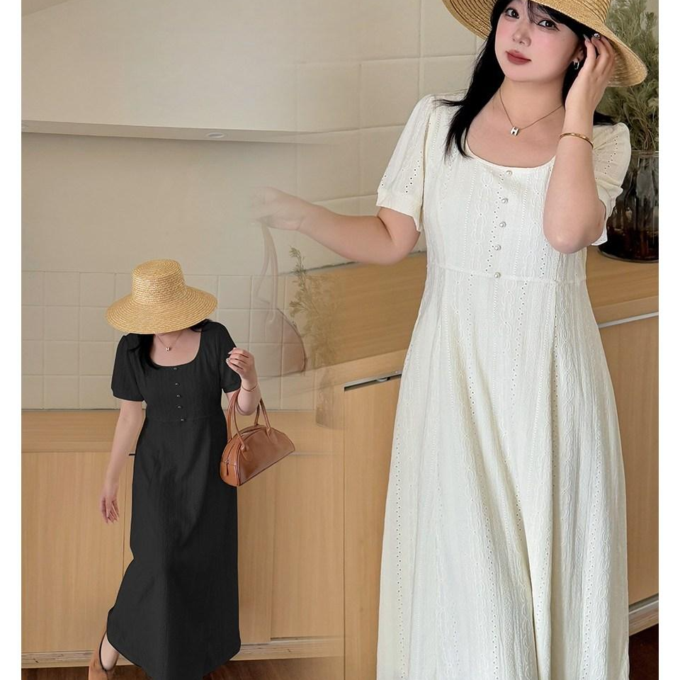 마샹스 [빅사이즈/120kg가능] 스퀘어넥 자수 플레어 롱 원피스 여름 반팔 체형커버 데일리룩 39,200원