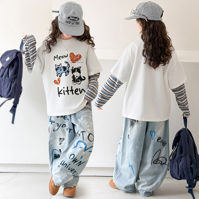 나나키즈 여아 봄 가을 초중생 상하복 세트 주니어 페이크 레이어드  페인트 고양이   긴팔 상의+하의 초등생 청 긴바지  (2620) 48,800원