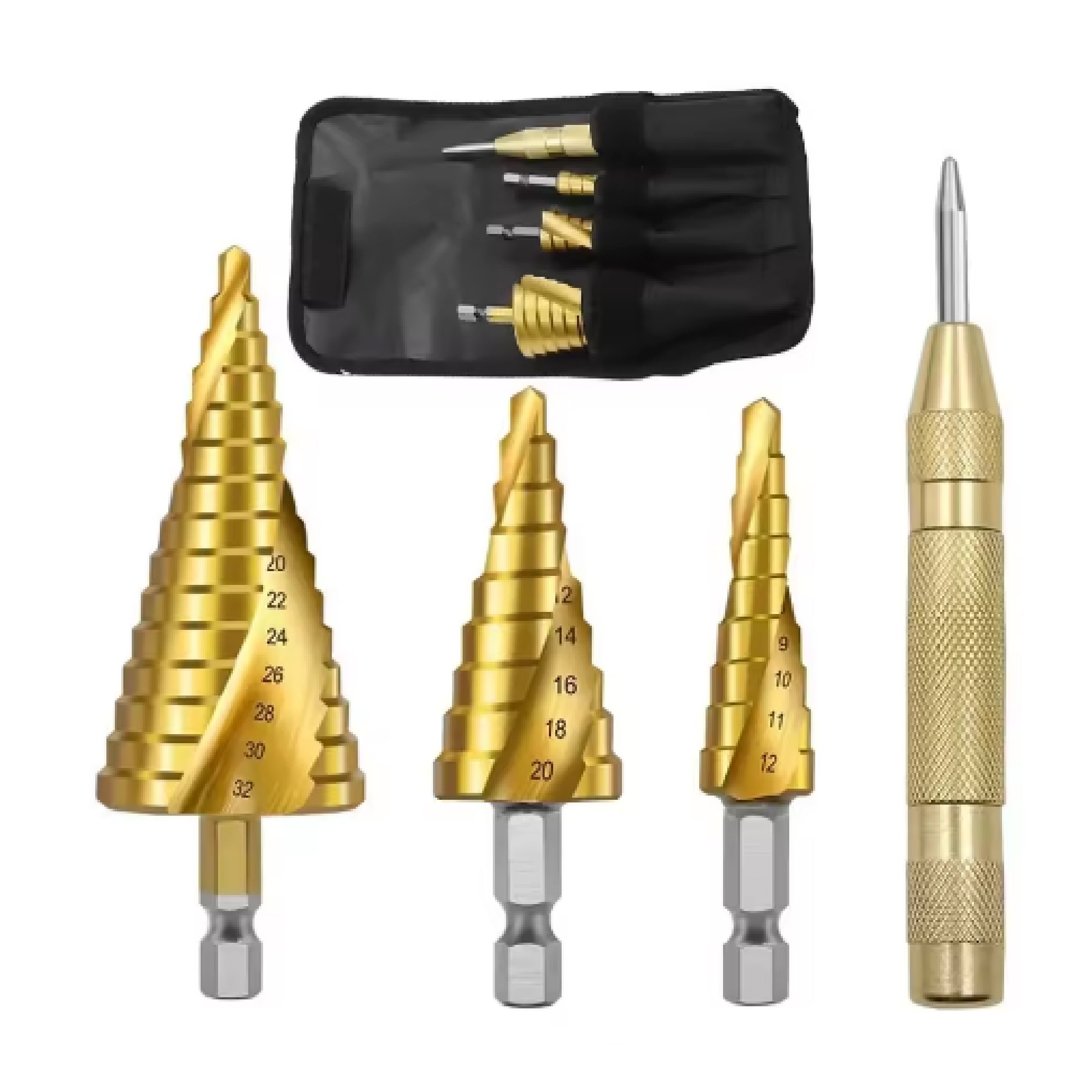 플로메리아 스텝드릴 비트 3종 센터펀치 포함세트 임팩드릴 나선형 트위스트 멀티 홀가공 홀커터 철판 금속 플라스틱 목재 알루미늄 홀쏘 천공 드릴날 기리 비트 전동드릴, 1세트 21,900원